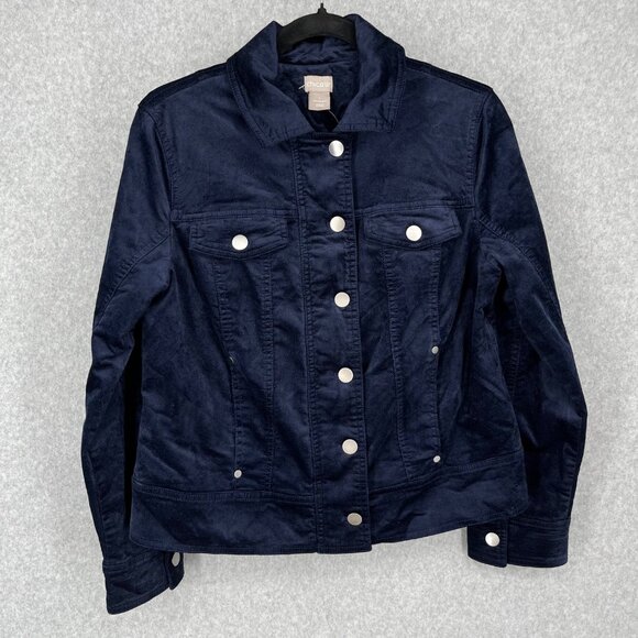 Chico's Jackets & Blazers - Chicos Velveteen Moto Jacket Size M 8/10 Blue Full Zip Pockets Lined Cropped